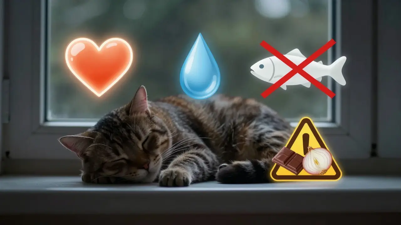 Кот спит на подоконнике, вокруг него плавают символы полезных и вредных продуктов.