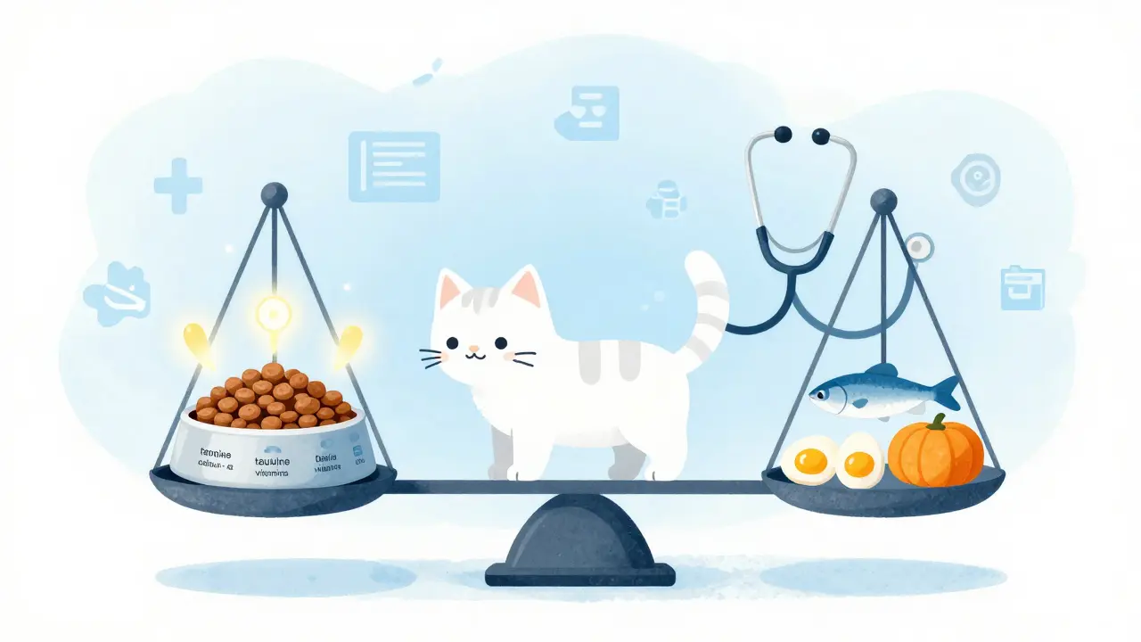 Котёнок как весы: одна чаша — специализированный корм с питательными веществами, другая — редкие лакомства.