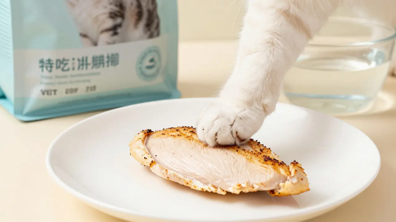 Котёнок осторожно обнюхивает отварную курицу на чистой тарелке с правильным кормом.