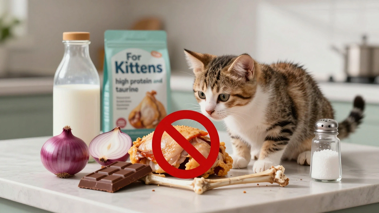 Котёнок рассматривает курицу, а рядом запрещённые продукты с красными запрещающими знаками.