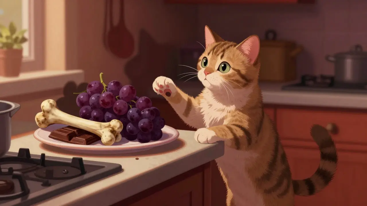 Котёнок тянется к запрещённой еде на кухонном столе: шоколаду, винограду и кости.