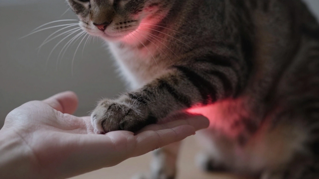 Лапа кошки на руке человека, световые зоны показывают безопасные и опасные места для ласки.