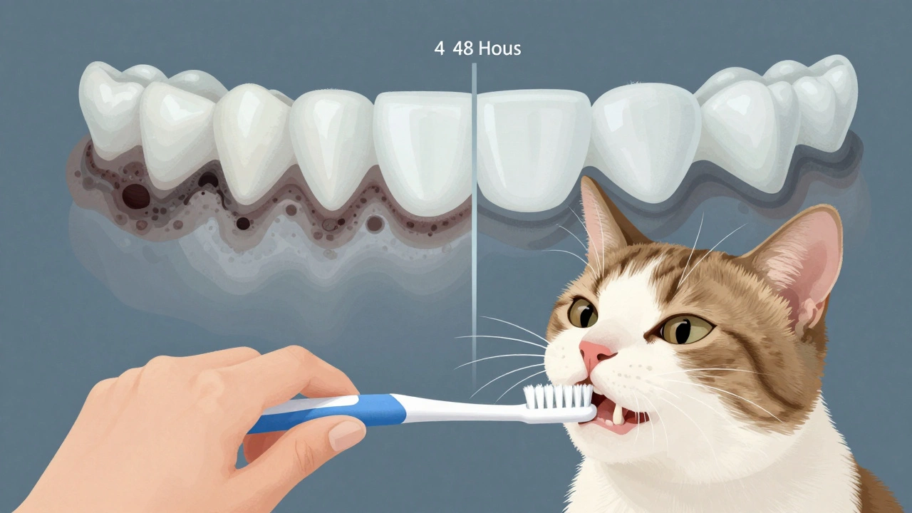 Пошаговая визуализация удаления налета с зубов кошки щеткой.