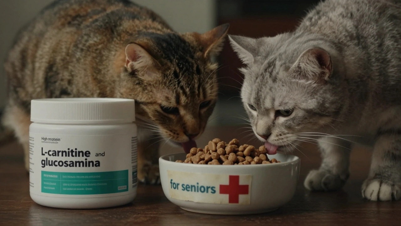 Пожилая кошка ест корм с L-карнитином, рядом лежит устаревшая этикетка &#039;для пожилых&#039;.