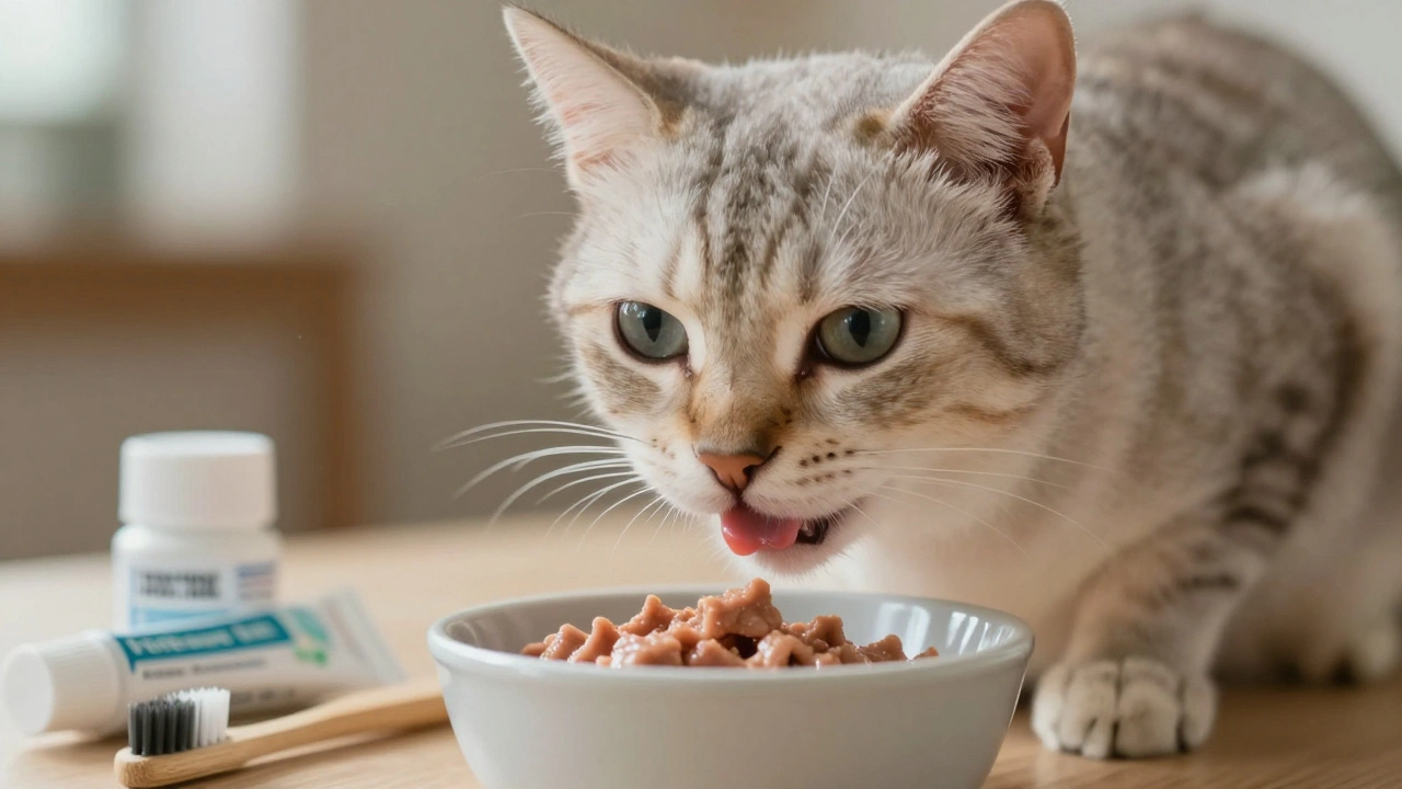 Пожилая кошка ест с удовольствием, рядом — зубная щетка и паста.