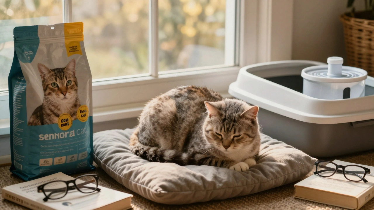 Пожилая кошка отдыхает у окна, вокруг — миска для пожилых кошек, лоток с низкими бортиками и fountain для воды.
