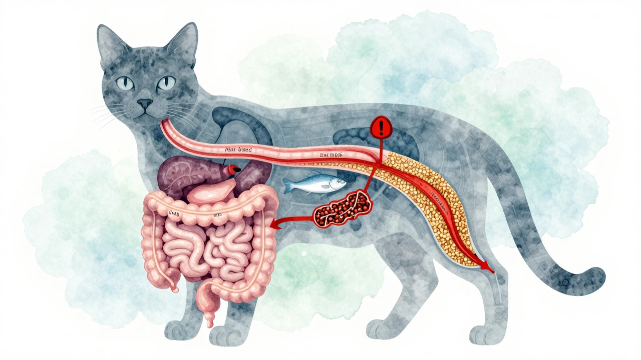 Прозрачный силуэт кошки с внутренними органами, показывающий разницу между питанием с мясом и с зерном.