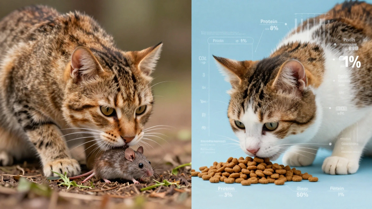 Разделённая иллюстрация: дикая кошка с мышью слева, домашняя кошка с кормом справа с научными данными.