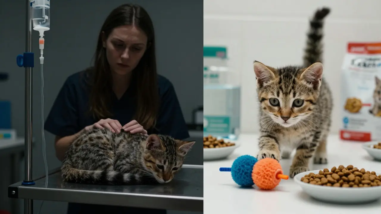 Разделённая сцена: больной котёнок в клинике слева и здоровый — играет справа.