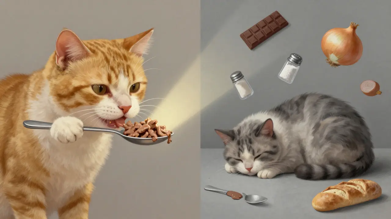 Разделённая сцена: здоровый старый кот ест печень — и больной кот, окруженный вредной едой.