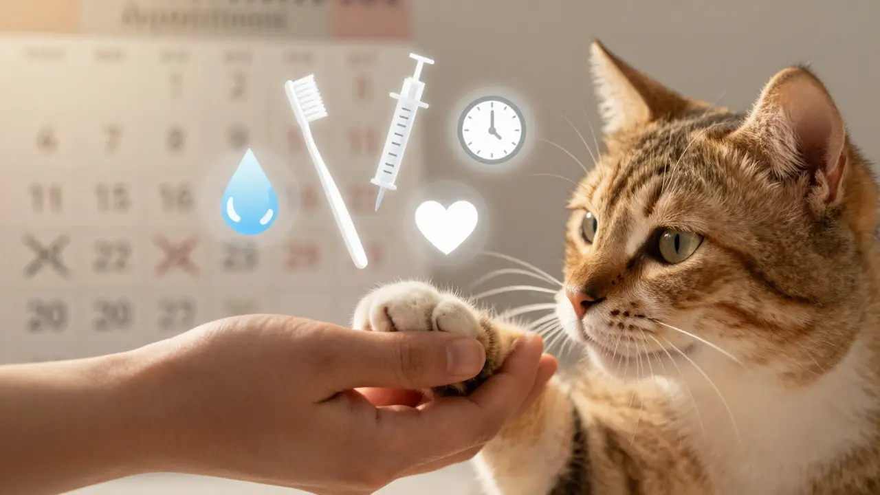 Рука держит лапу кошки, вокруг — прозрачные значки заботы: вода, щетка, часы, сердце.