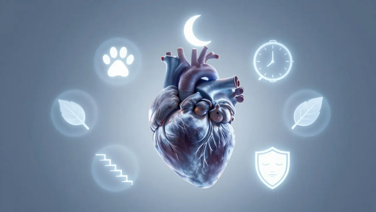 Сердце окружено семью символами, олицетворяющими научно доказанные преимущества наличия кошки.