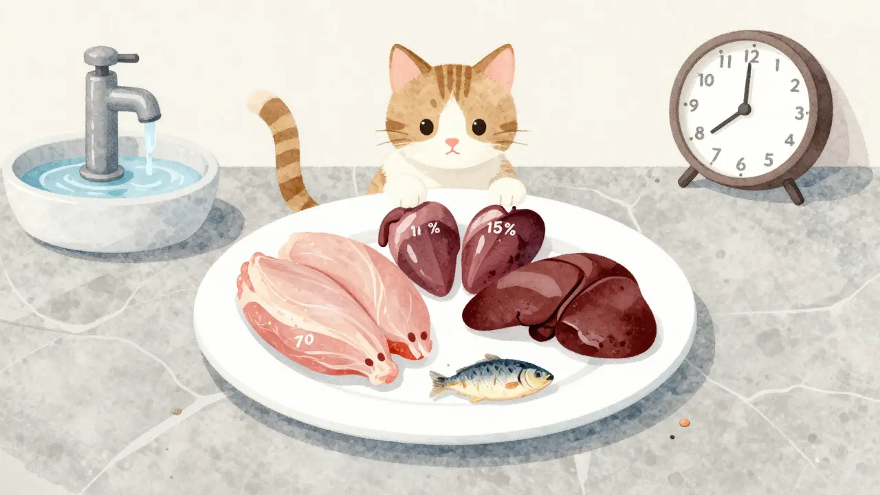 Схема ежедневного рациона кота: мясо, сердце, печень и рыба, разложенные на камне.