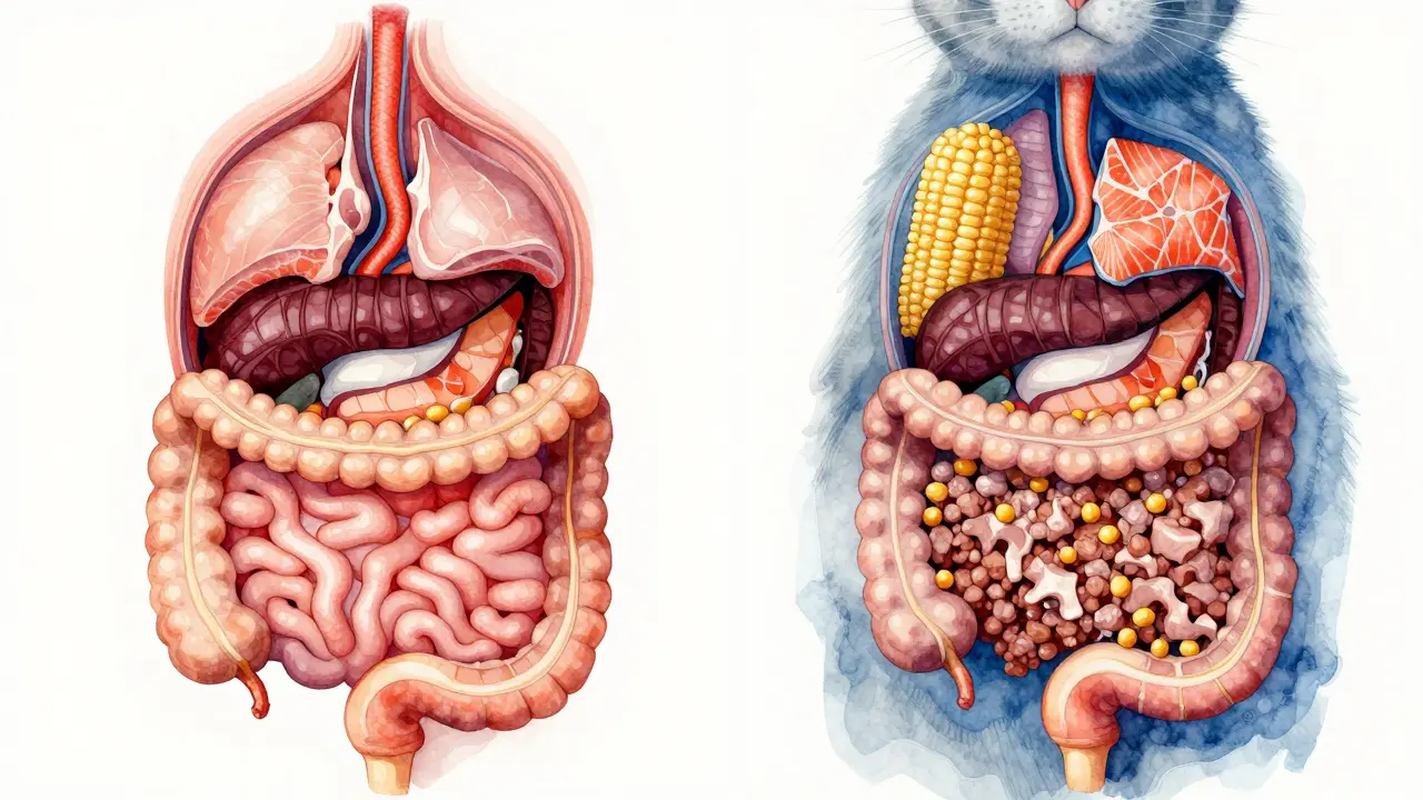 Схема пищеварения кошки: чистое мясо слева, наполнители справа в водянистом стиле.