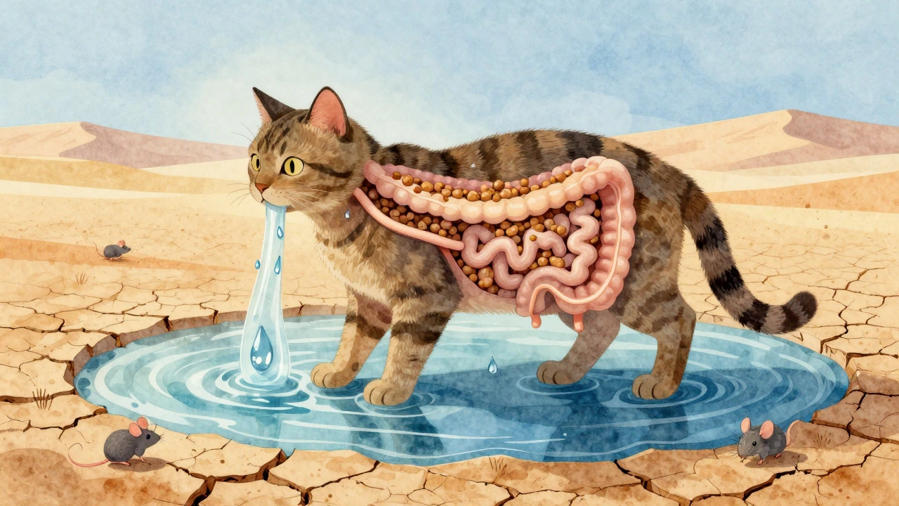Схема пищеварительной системы кошки в виде пустыни и оазиса, символизирующих сухой и влажный корм.