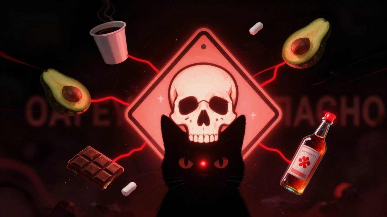 Силуэт кошки перед предупреждающим знаком с токсичными продуктами.