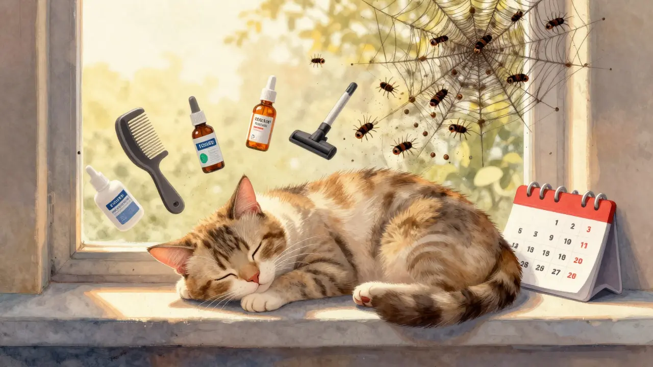 Спокойная кошка на солнце, вокруг — символы безопасной борьбы с блохами: гребень, капли, пылесос.