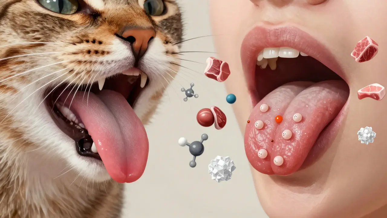 Сравнение языка кошки и человека с рецепторами вкуса.