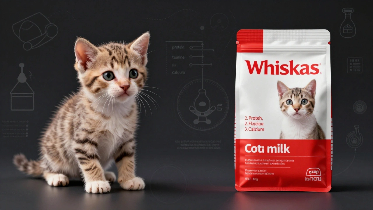 Сравнение состава правильной смеси для котят и молока Вискас с выделением недостающих питательных веществ.