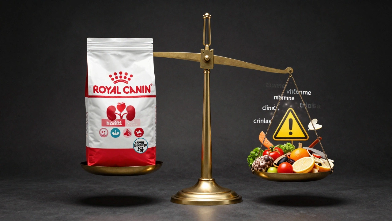 Весы: с одной стороны — Royal Canin с символами здоровья, с другой — хаотичная домашняя еда с предупреждениями.