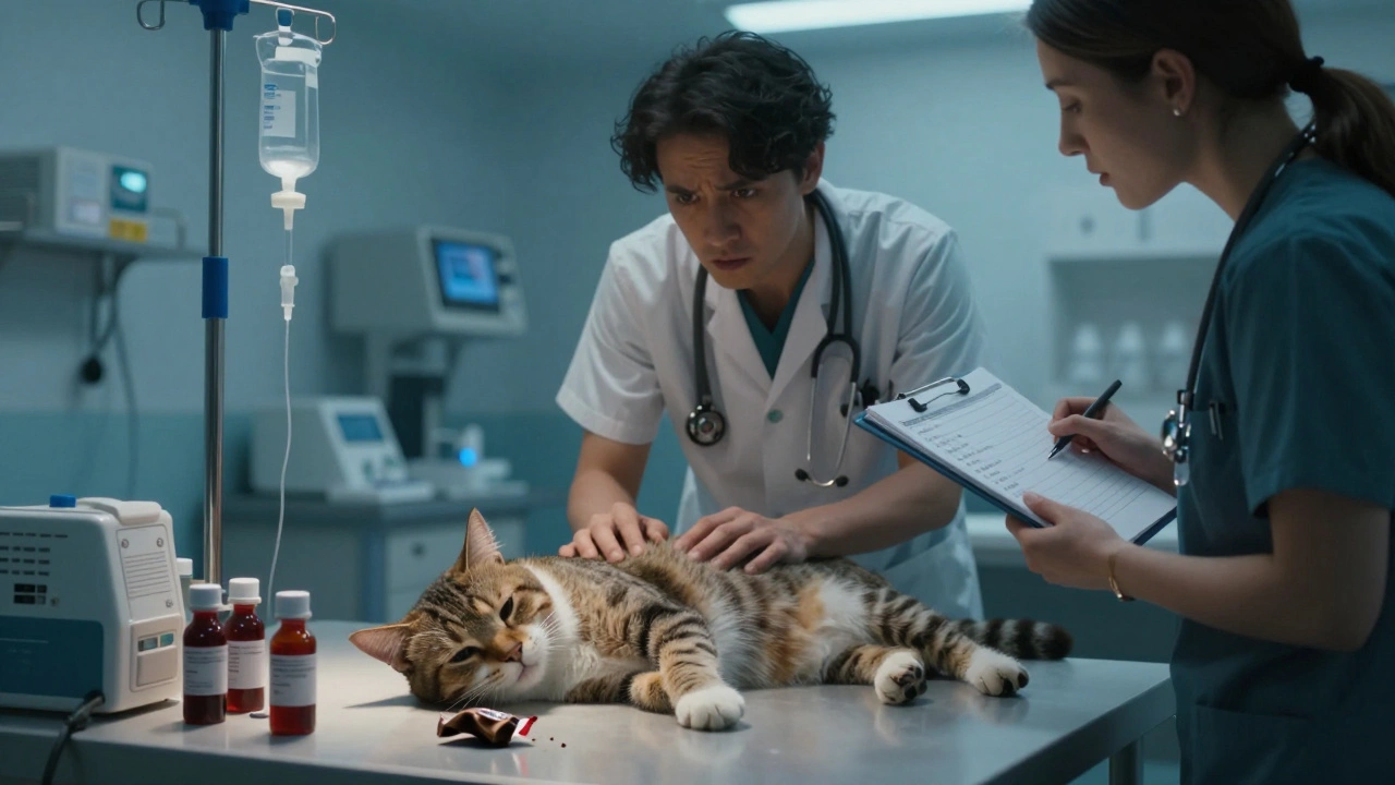 Ветеринар оказывает помощь кошке в клинике, рядом — медицинское оборудование и обертка от шоколада.