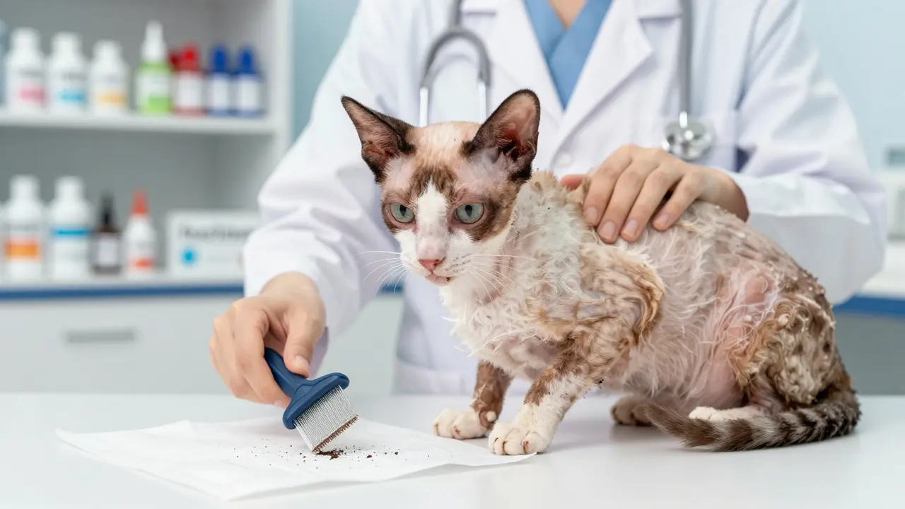 Ветеринар осматривает кошку с выпадающей шерстью, используя гребень над белым листом.