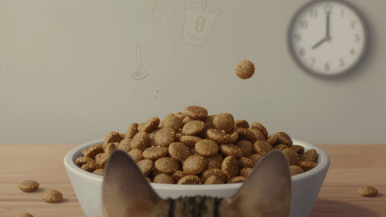 Вид кошки на корм, который потерял аромат и хруст, окруженный следами запахов кухни.