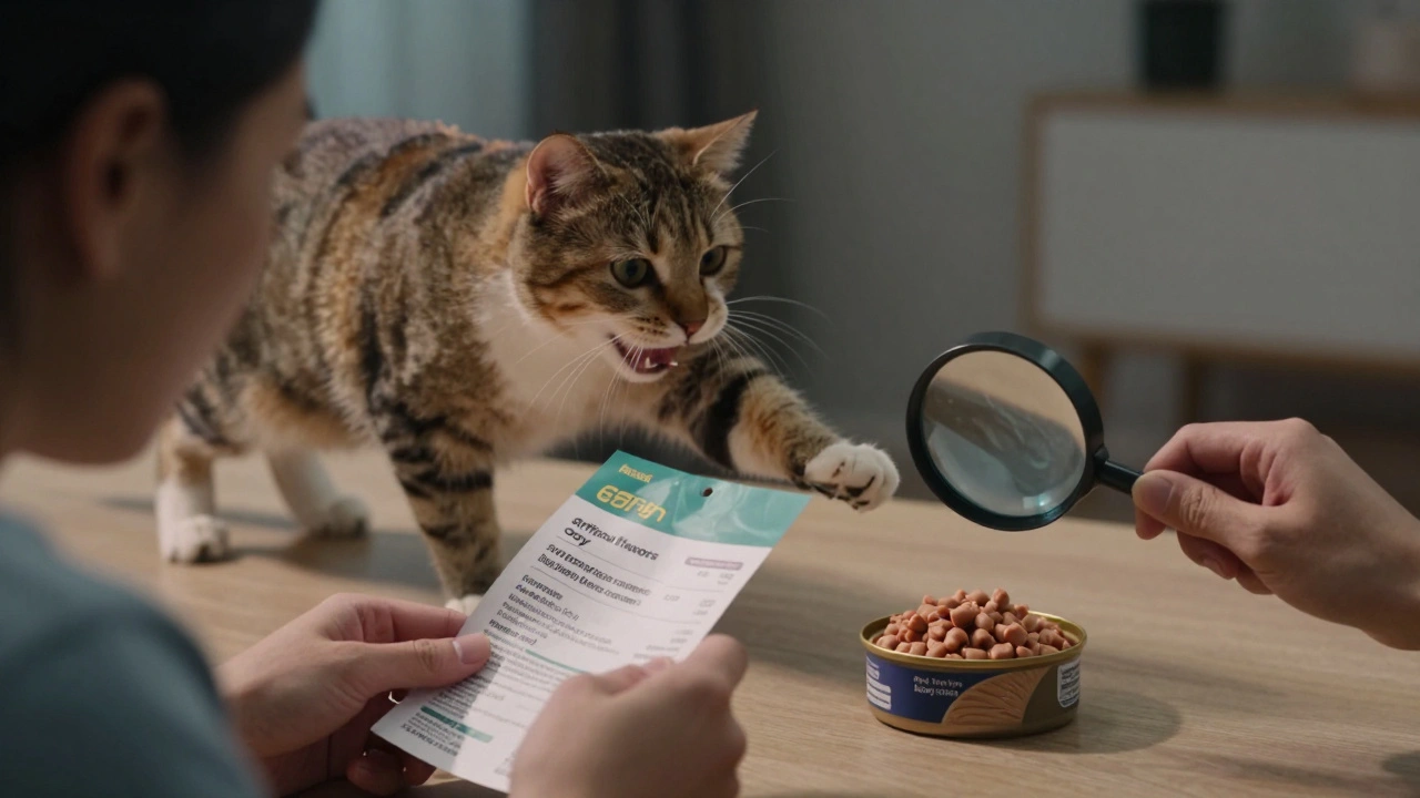 Владелец кошки рассматривает этикетку корма с лупой, а за спиной здоровая кошка прыгает к миске с качественной едой.