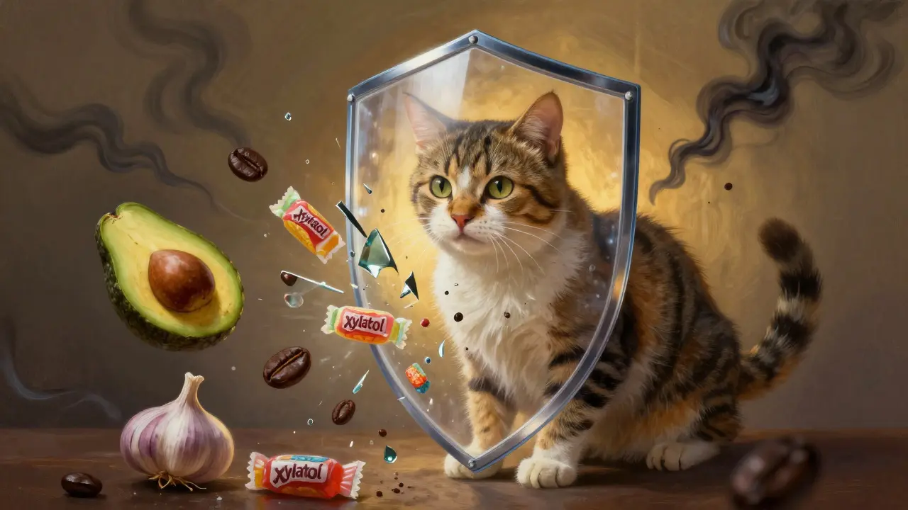 Защитный щит вокруг кошки, разбивающий ядовитые продукты.