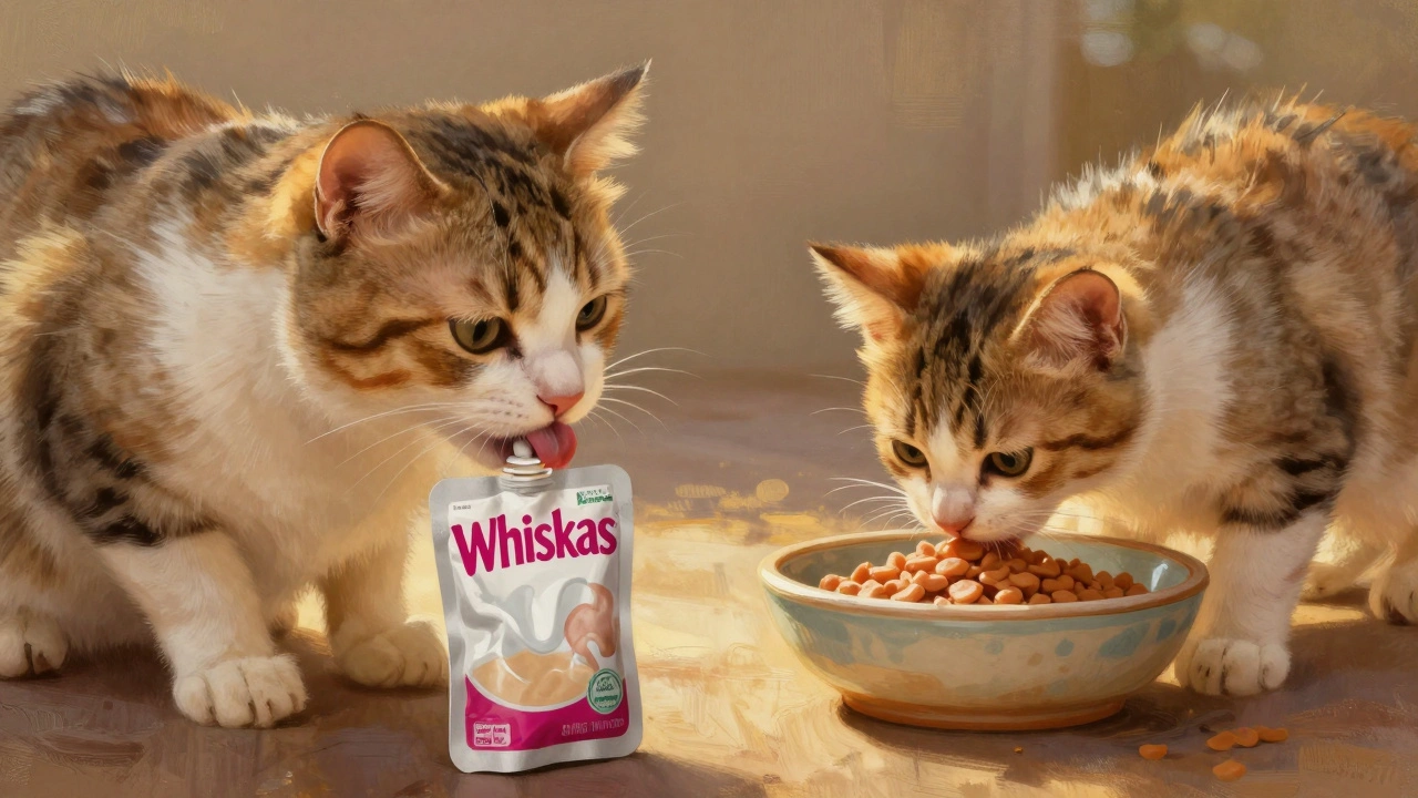 Здоровый котёнок ест влажный корм, рядом лежит пустая упаковка молока Вискас.