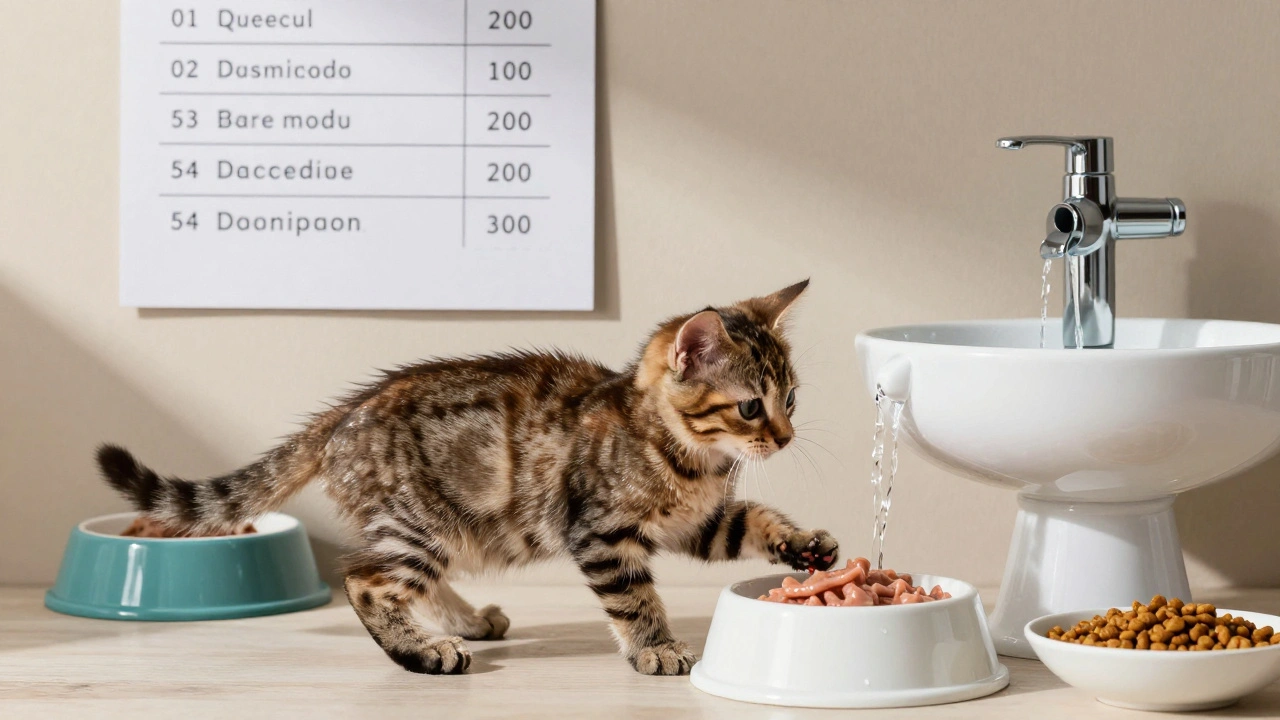 Здоровый котёнок играет у фонтанчика с водой, на стене — график кормления.