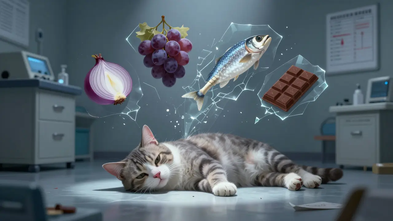 Больная кошка на полу ветеринарной клиники, вокруг — призрачные изображения ядовитых продуктов.