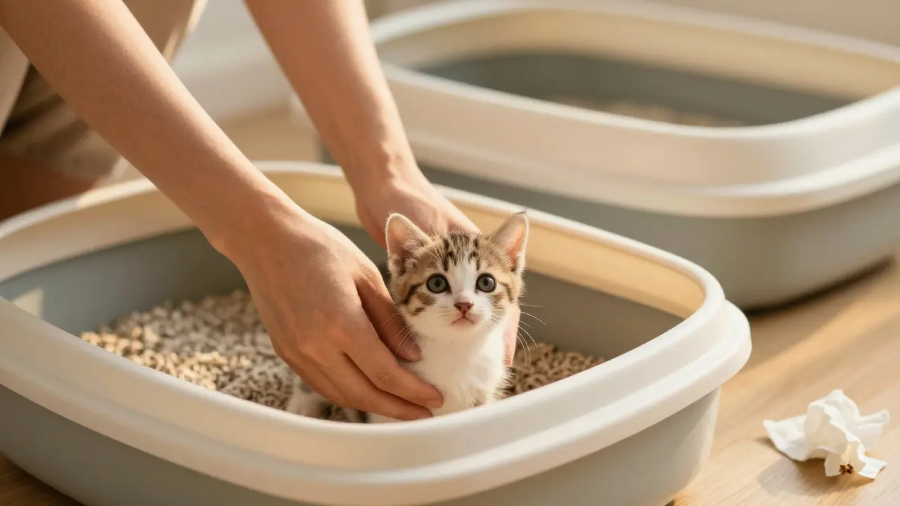 Человек мягко помещает котёнка в лоток, не держа его, в спокойной домашней обстановке.
