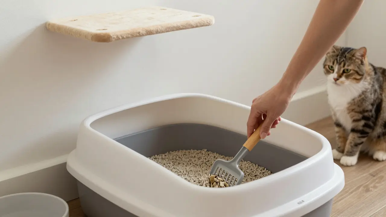 Чистый лоток для кошки с древесным наполнителем, установленный в спокойной обстановке.