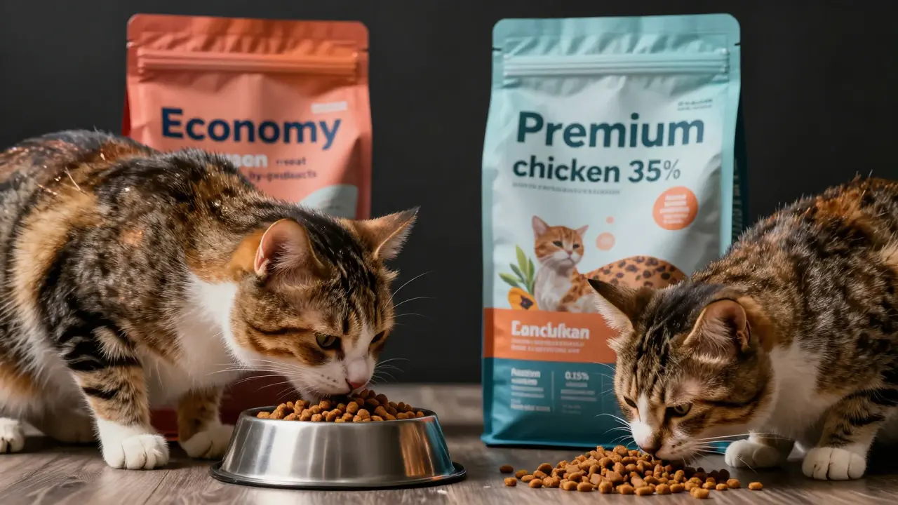 Два корма рядом: один с низким качеством, другой — премиум, и две кошки с разным состоянием.