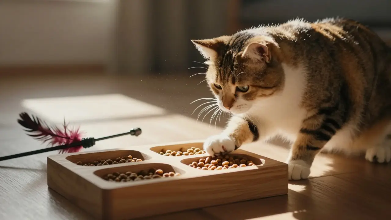 Кошка играет с интерактивной кормушкой, находя корм в деревянных отделениях.