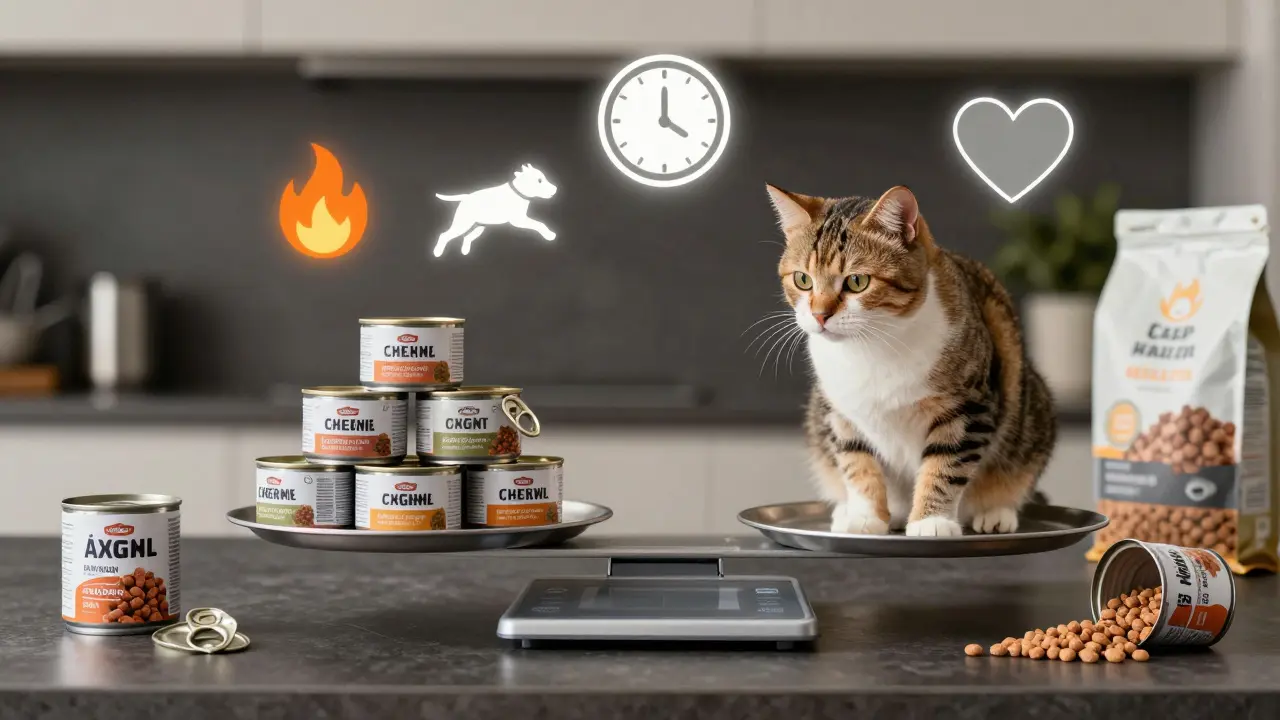 Кошка на весах уравновешивает 2,5 банки влажного корма с символами здоровья.
