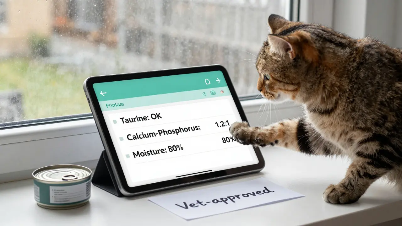Кошка рядом с планом питания на планшете и консервами, фон — дождливое окно.