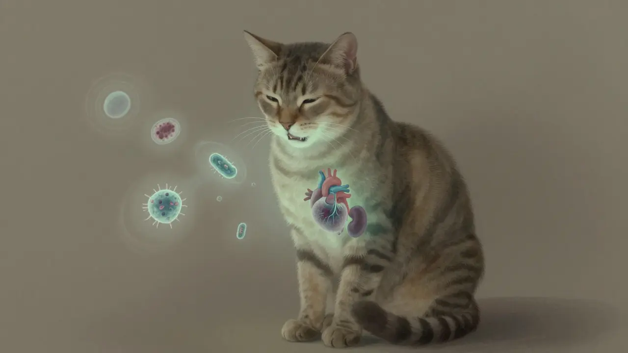 Кошка с бактериями, выходящими изо рта к сердцу и почкам