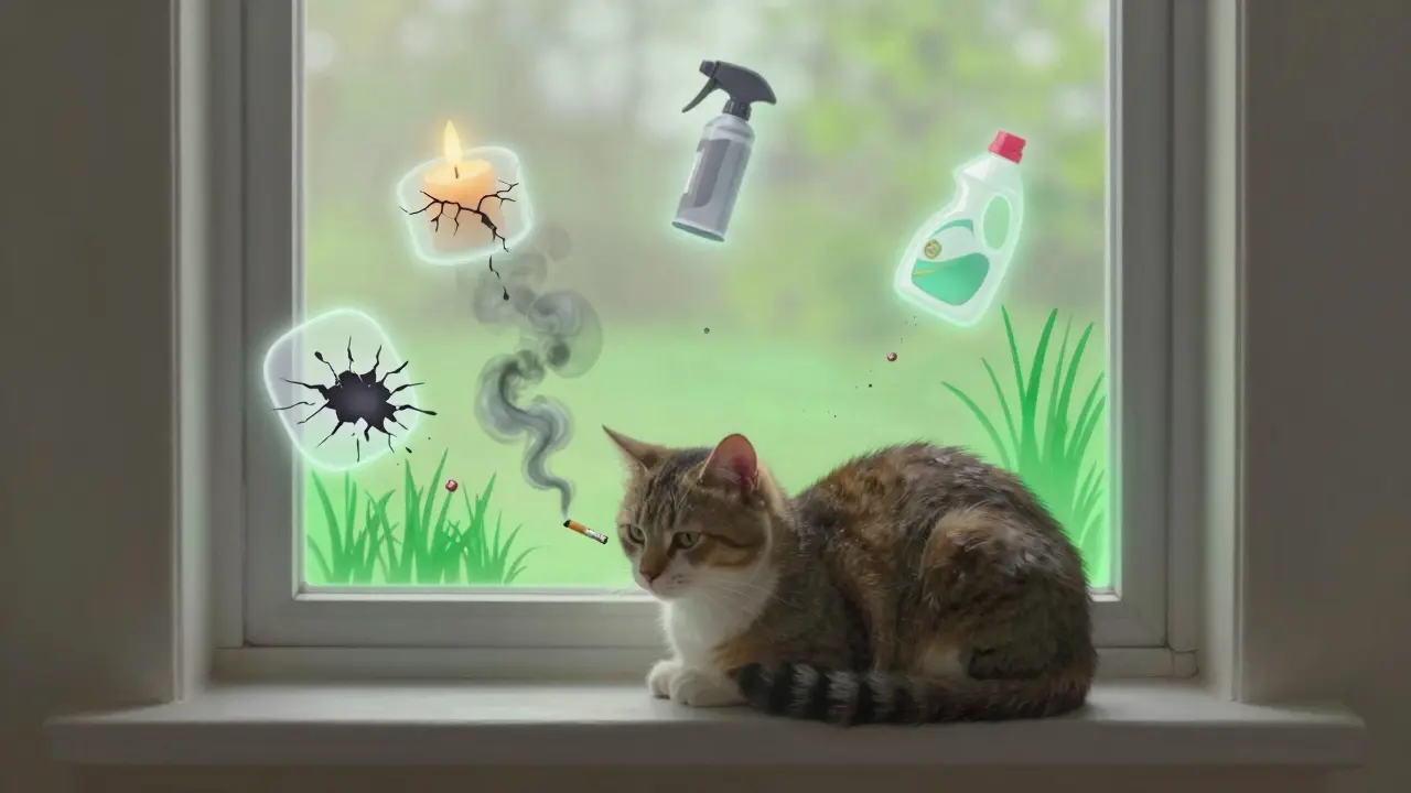 Кошка вдыхает токсичные символы — свечу, спрей, дым — в то время как рядом светится безопасное пространство.