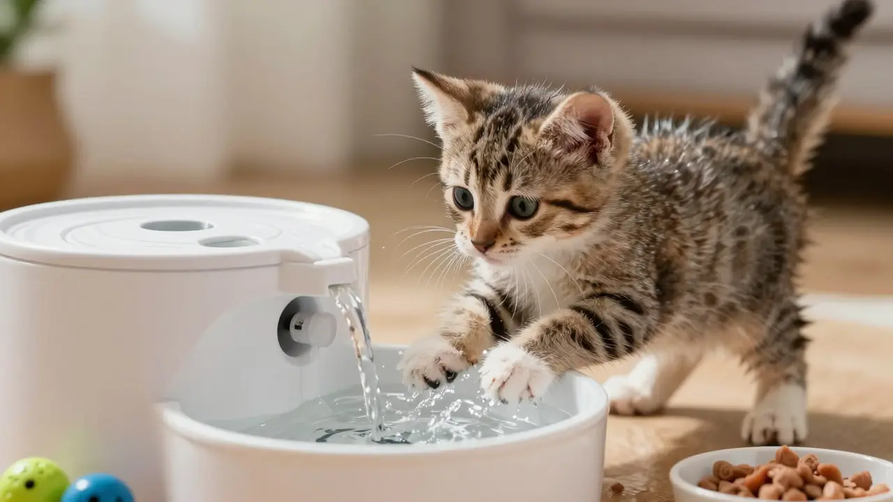 Котёнок 6 недель играет с водяным фонтанчиком, лапки мочатся в струе воды.