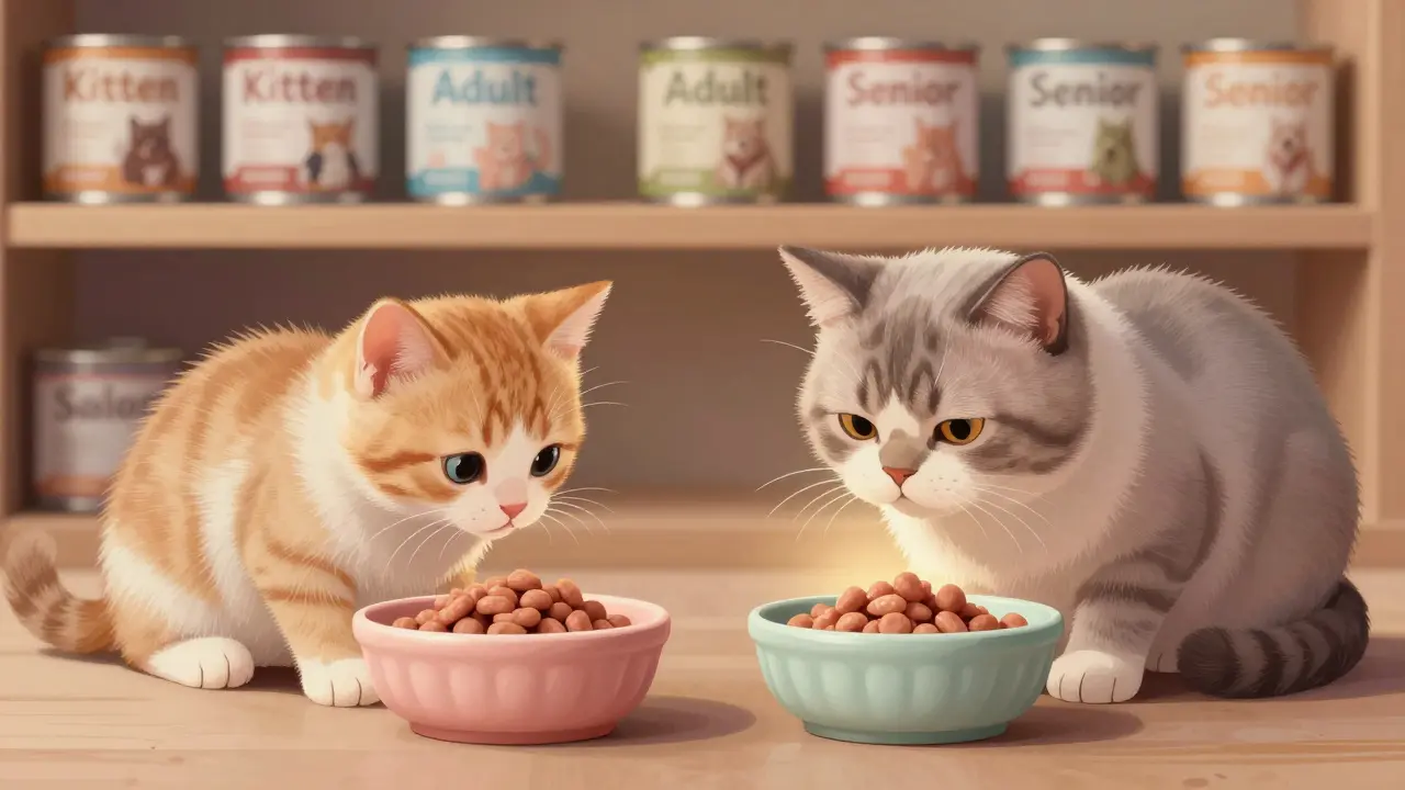 Котёнок и пожилая кошка едят из отдельных мисок, порции различаются.