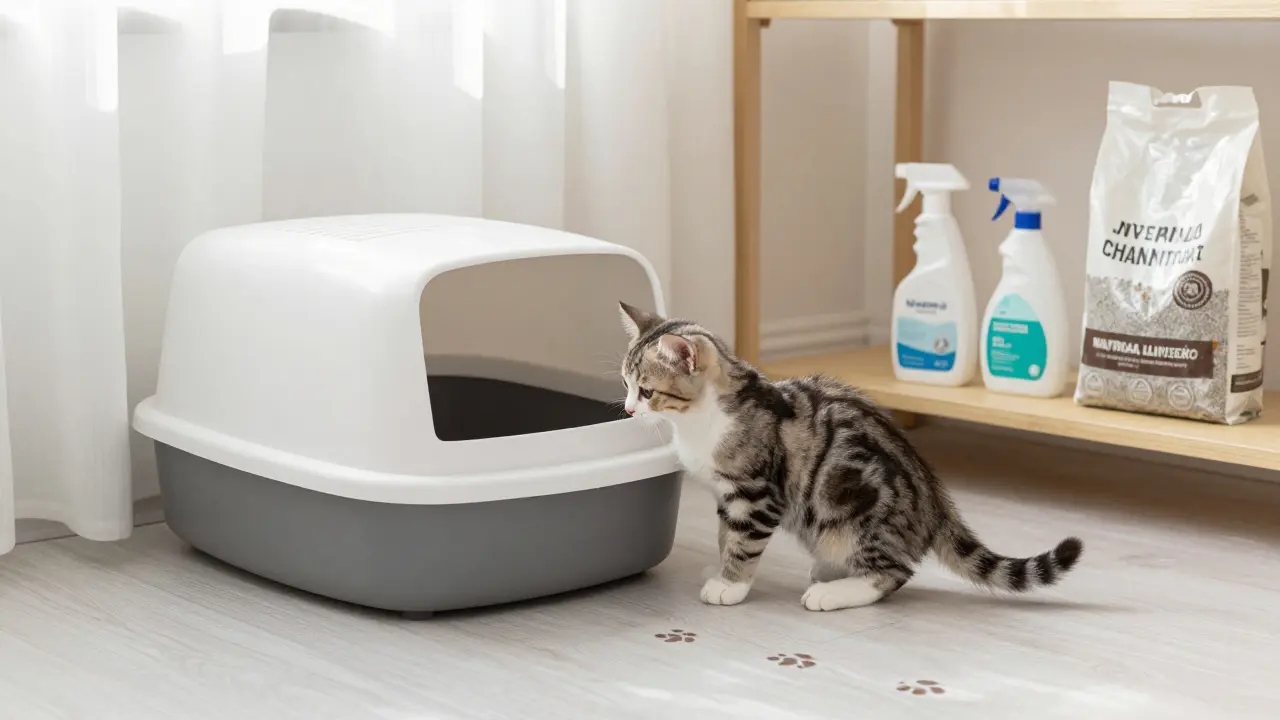 Котёнок самостоятельно использует лоток, второй лоток стоит в другом углу комнаты.