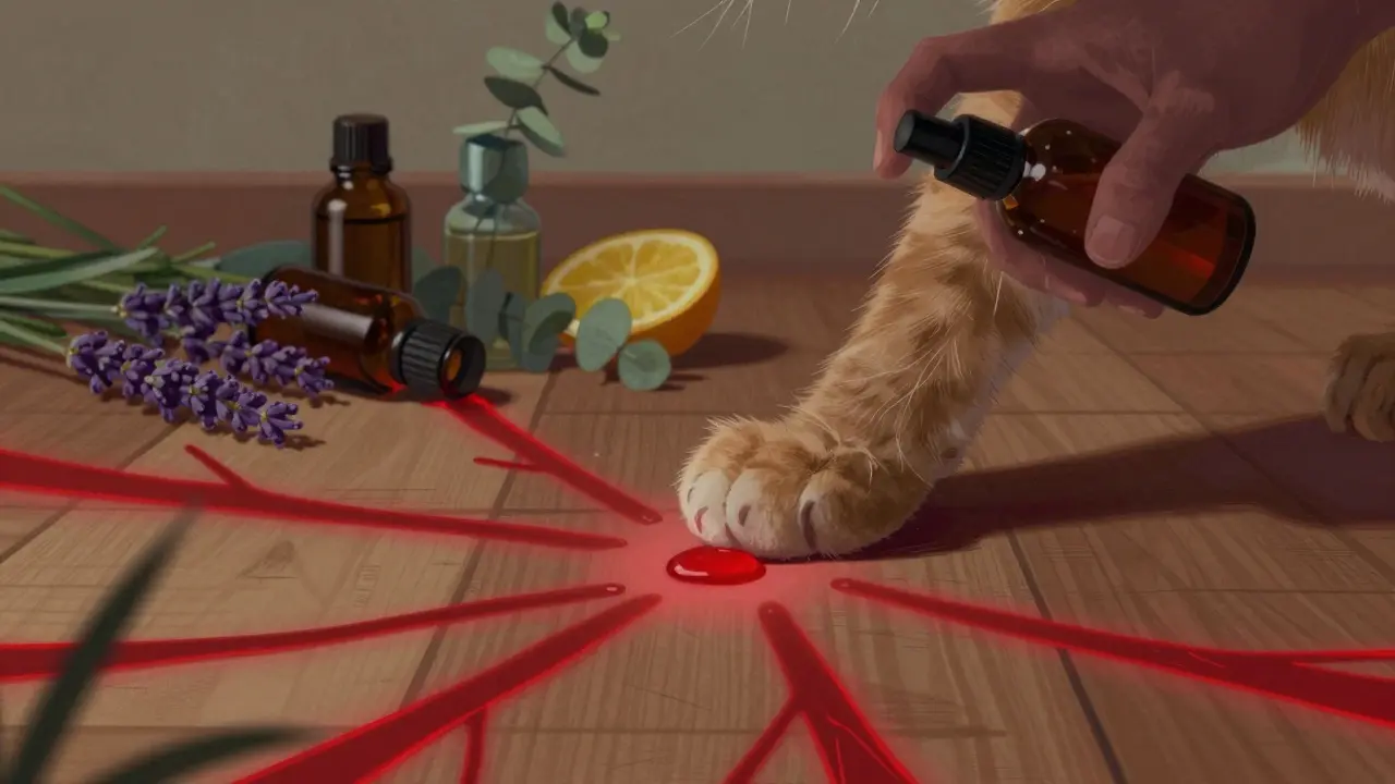 Лапа кошки касается капли эфирного масла, от которой расходятся трещины яда.