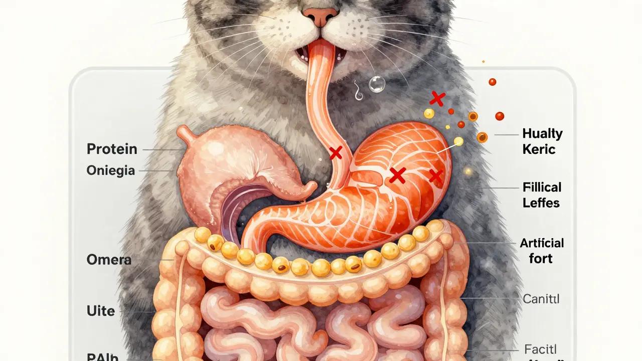 Схема пищеварения кошки с полезными ингредиентами и исключенными вредными добавками.