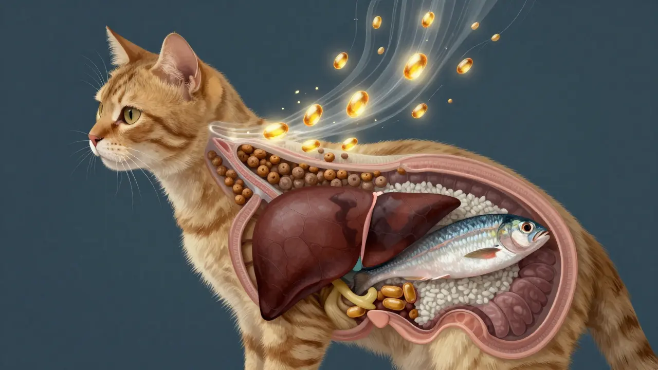 Схема внутренних органов кошки с питательными веществами из корма и вредными из домашней еды.