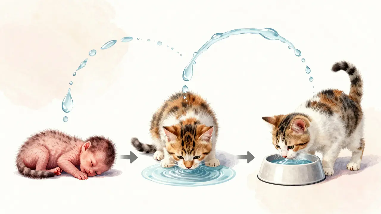 Три стадии развития котёнка: новорождённый, пробует воду, уверенно пьёт — в одной композиции.