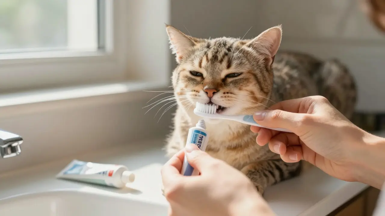 Владелец чистит зубы кошке пальчиковой щеткой в спокойной обстановке