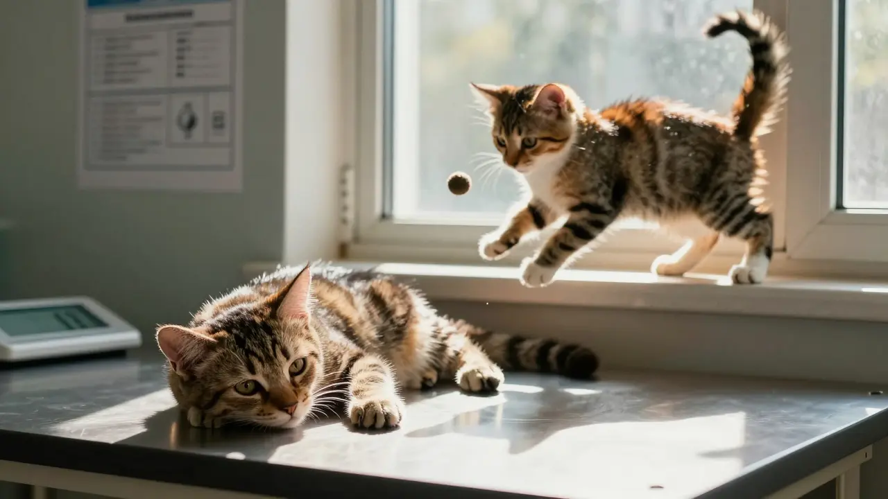 Больной котёнок на ветеринарном столе рядом со здоровым.