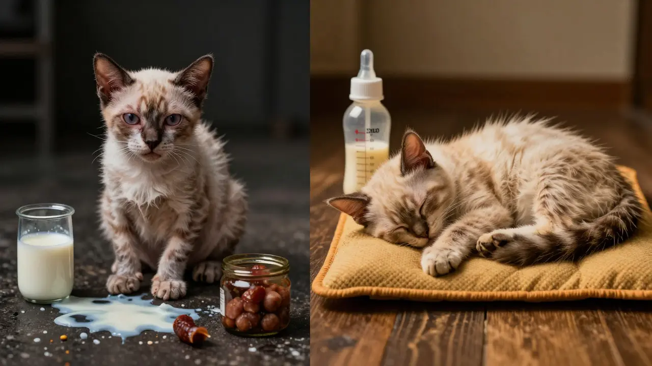 Контраст: больной котёнок с вздутым животом рядом с молоком и колбасой — здоровый котёнок спит на грелке.